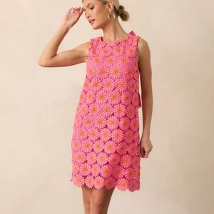 ONLY THE FINEST HOT PINK FLORAL EMBROIDERED LACE BOW BACK MINI DRESS